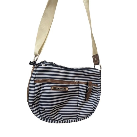 Lily Bloom Navy & White Striped Crossbody Bag With Adjustable Beige Strap Functi - Picture 1 of 6